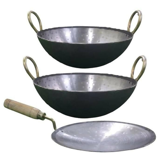 SHINI LIFESTYLE Iron Loha Kadhai deep Bottom 25cm and 22cm Diameter with Loha Tawa (Combo pack of 3) - HalfPe