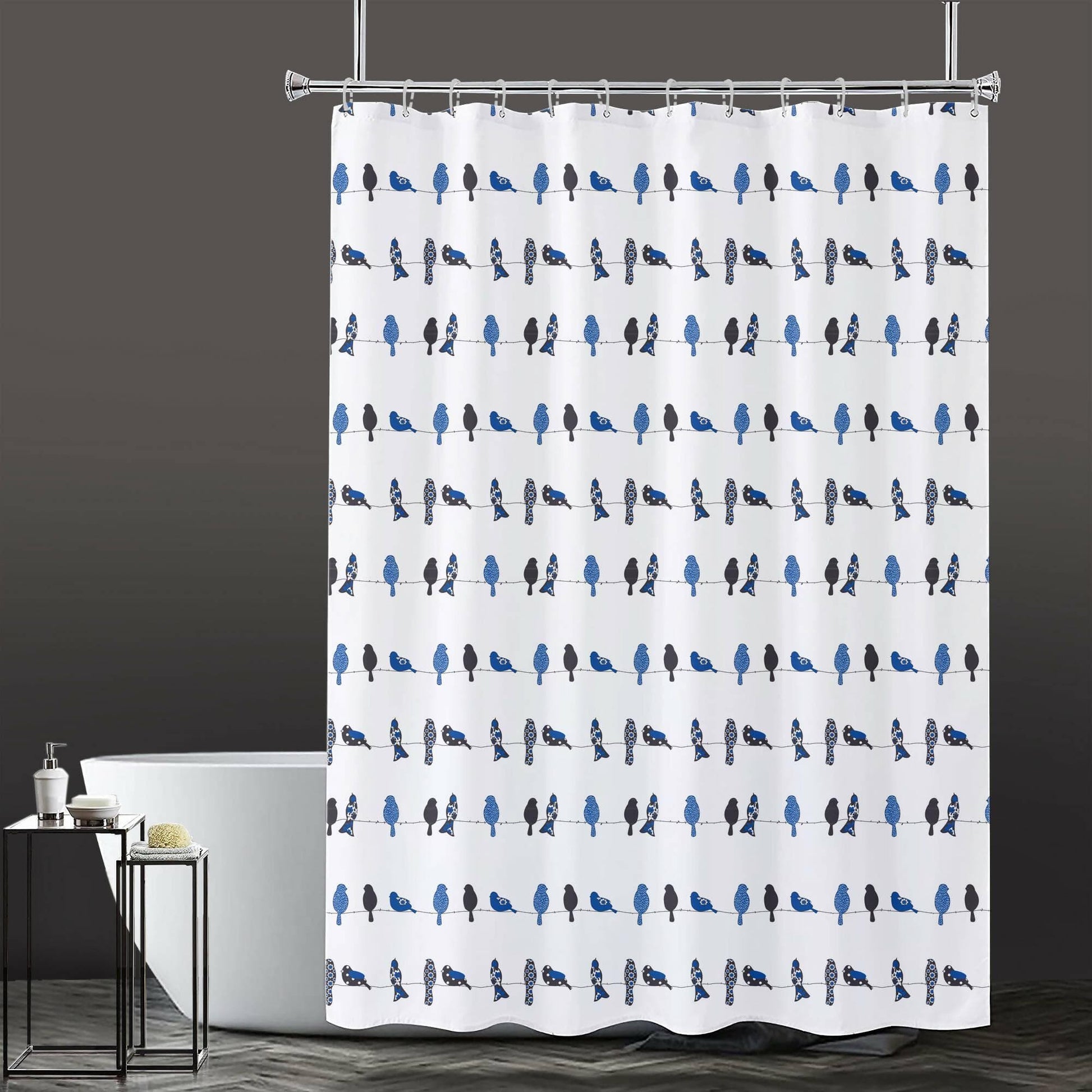 Lushomes Bathroom Shower Curtain with 12 Hooks and 12 Eyelets, Printed Bird Bathtub Curtain, Non-PVC, Water-repellent bathroom Accessories, Blue, 6 Ft H x 6.5 FT W (72 Inch x 80 Inch) - HalfPe