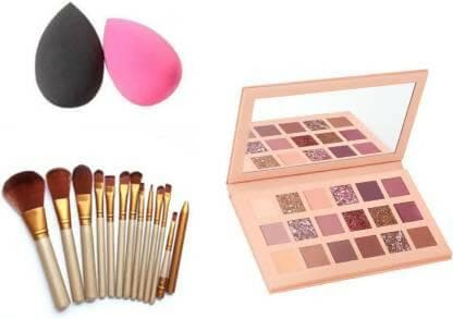 Bingeable HDA Multi Shades 18 Colors Eye Shadow Palette& 2 Pcs Blender Puff& 12 Pcs Naked Brush - HalfPe