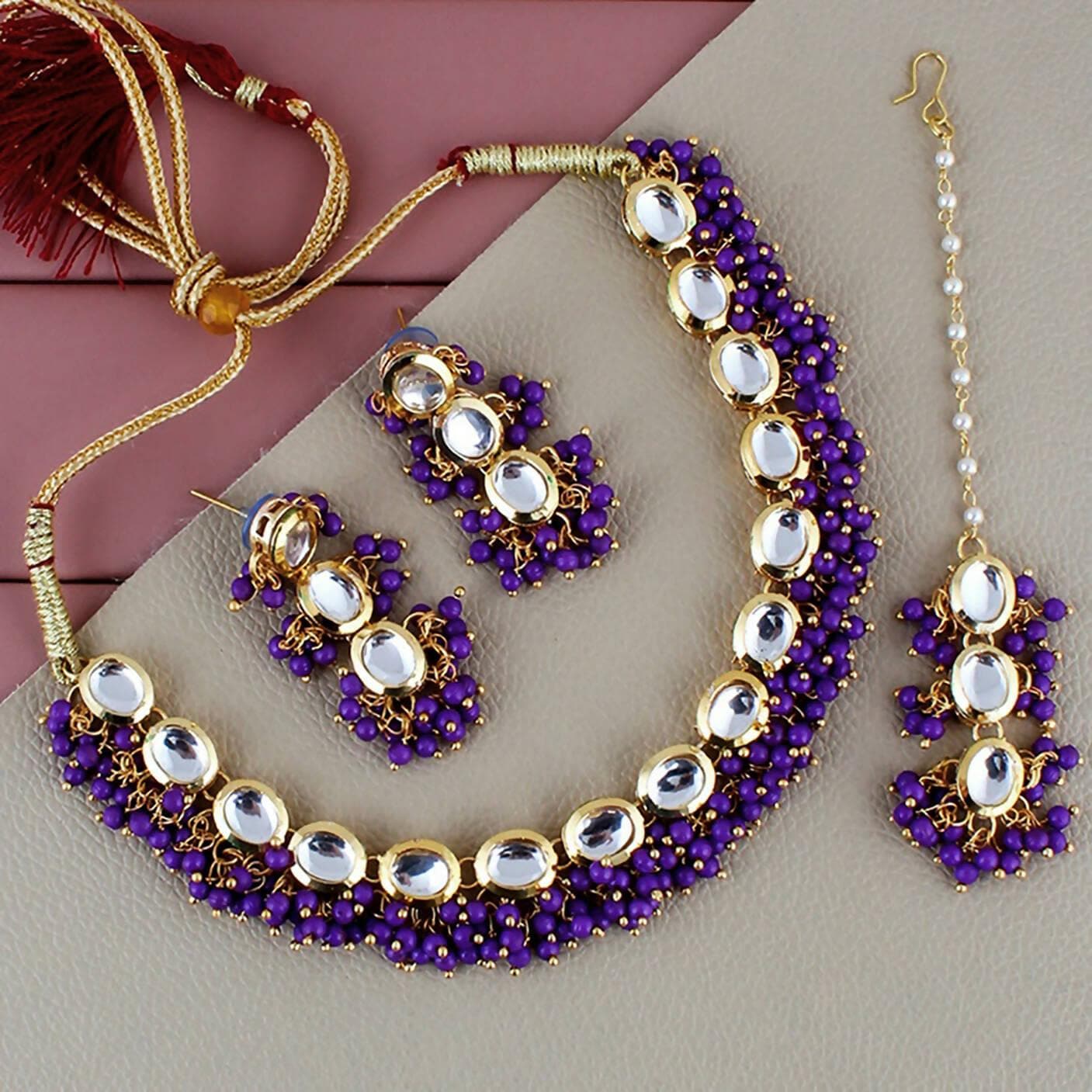 LUCKY JEWELLERY Back Meenakari 18k Gold Plated Purple Color Tika Earring Combo Uncut Big Faux Kundan Choker Necklace set - HalfPe