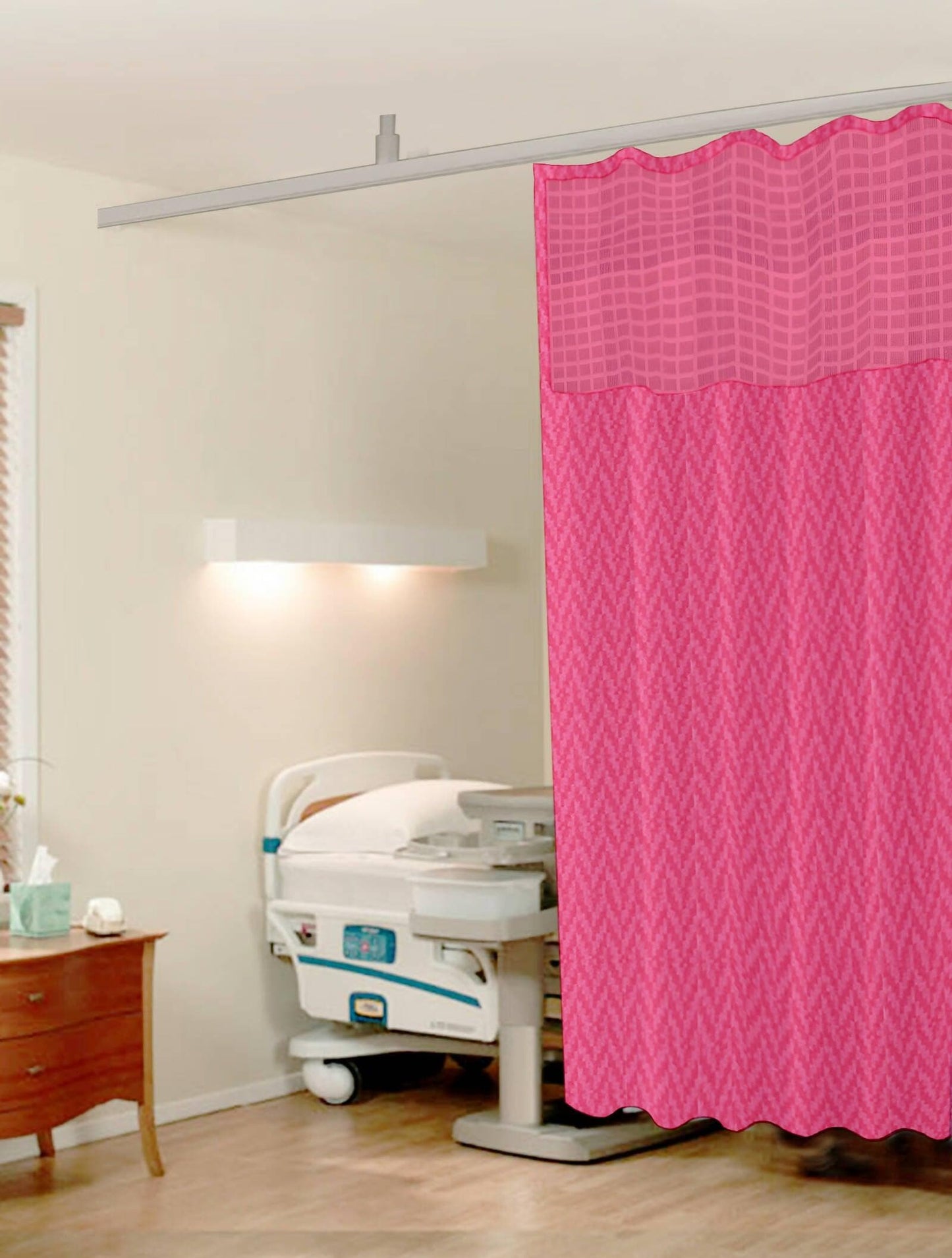 Hospital Partition Curtains, Clinic Curtains Size 4 FT W x 7 ft H, Channel Curtains with Net Fabric, 100% polyester 8 Rustfree Metal Eyelets 8 Plastic Hook, Pink Zig Zag Design, (4x7 FT) - HalfPe