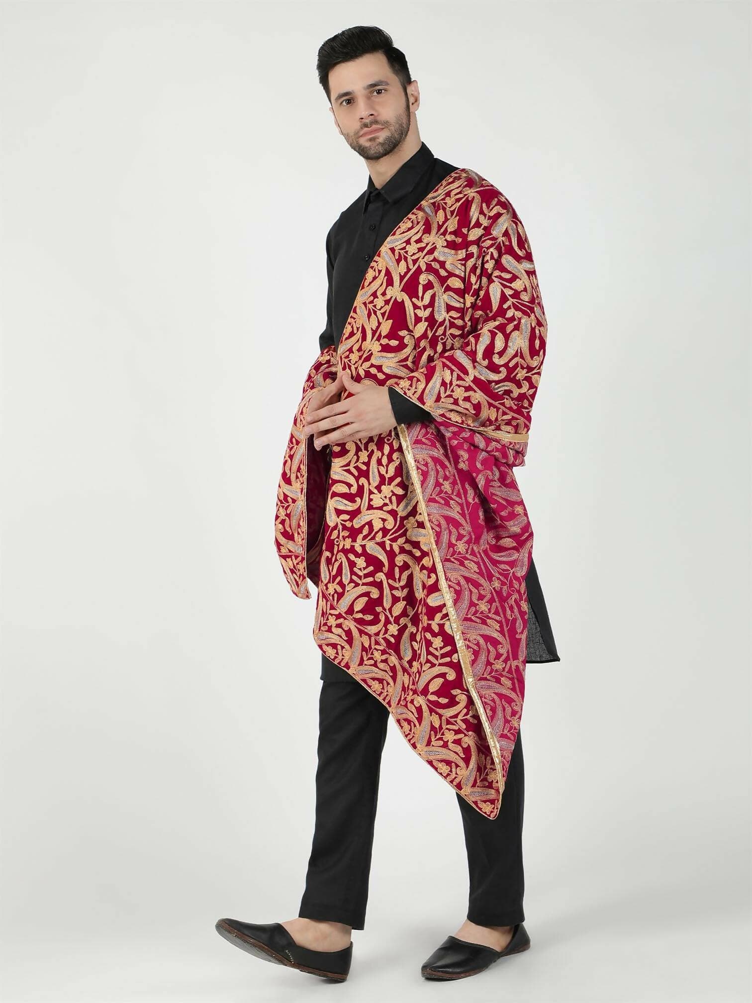 Magenta and Silver Leaf Pattern Embroidered Velvet Shawl - HalfPe