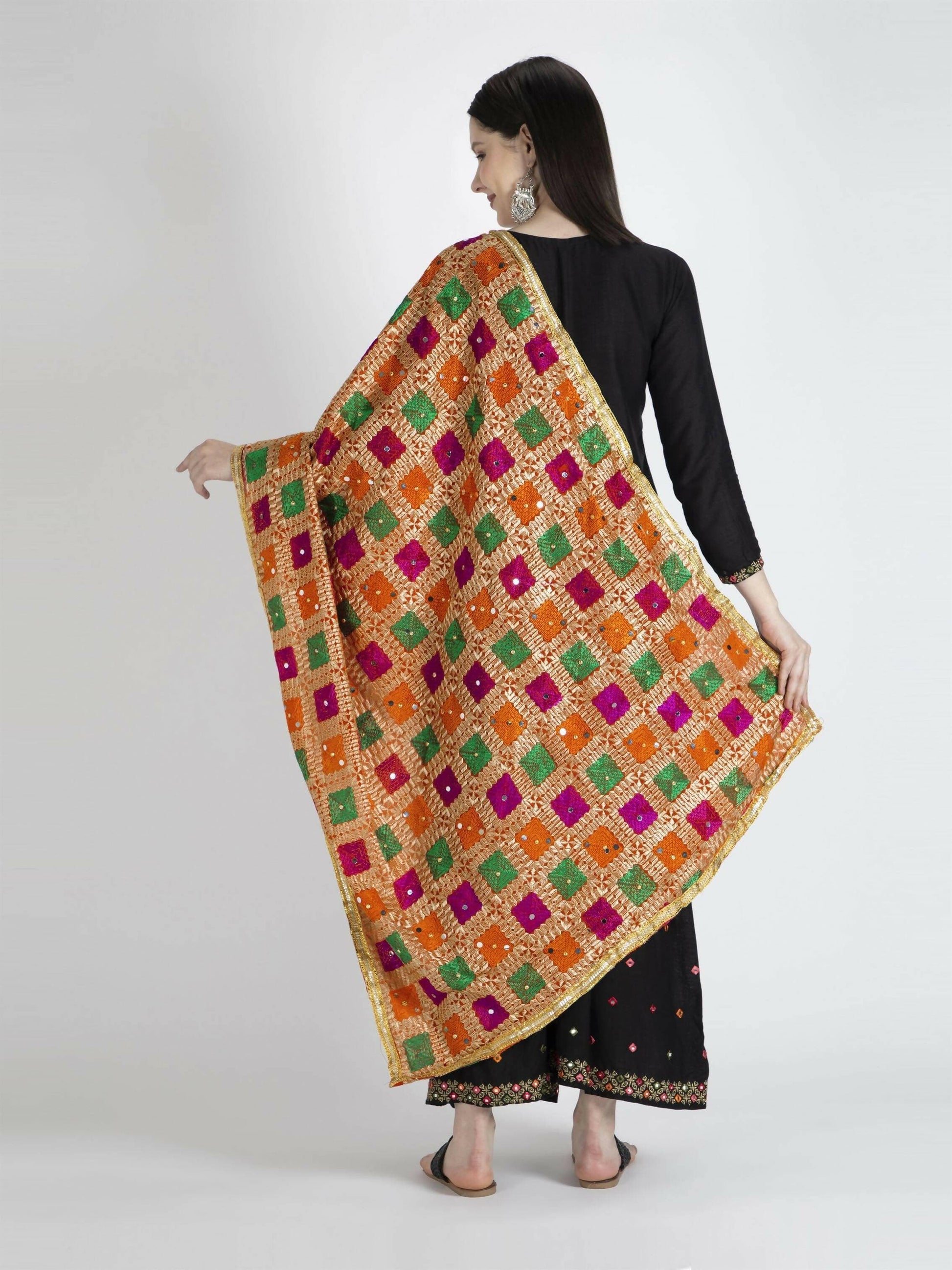 Phulkari Dupatta with Mirror Work (multi color designs) - HalfPe