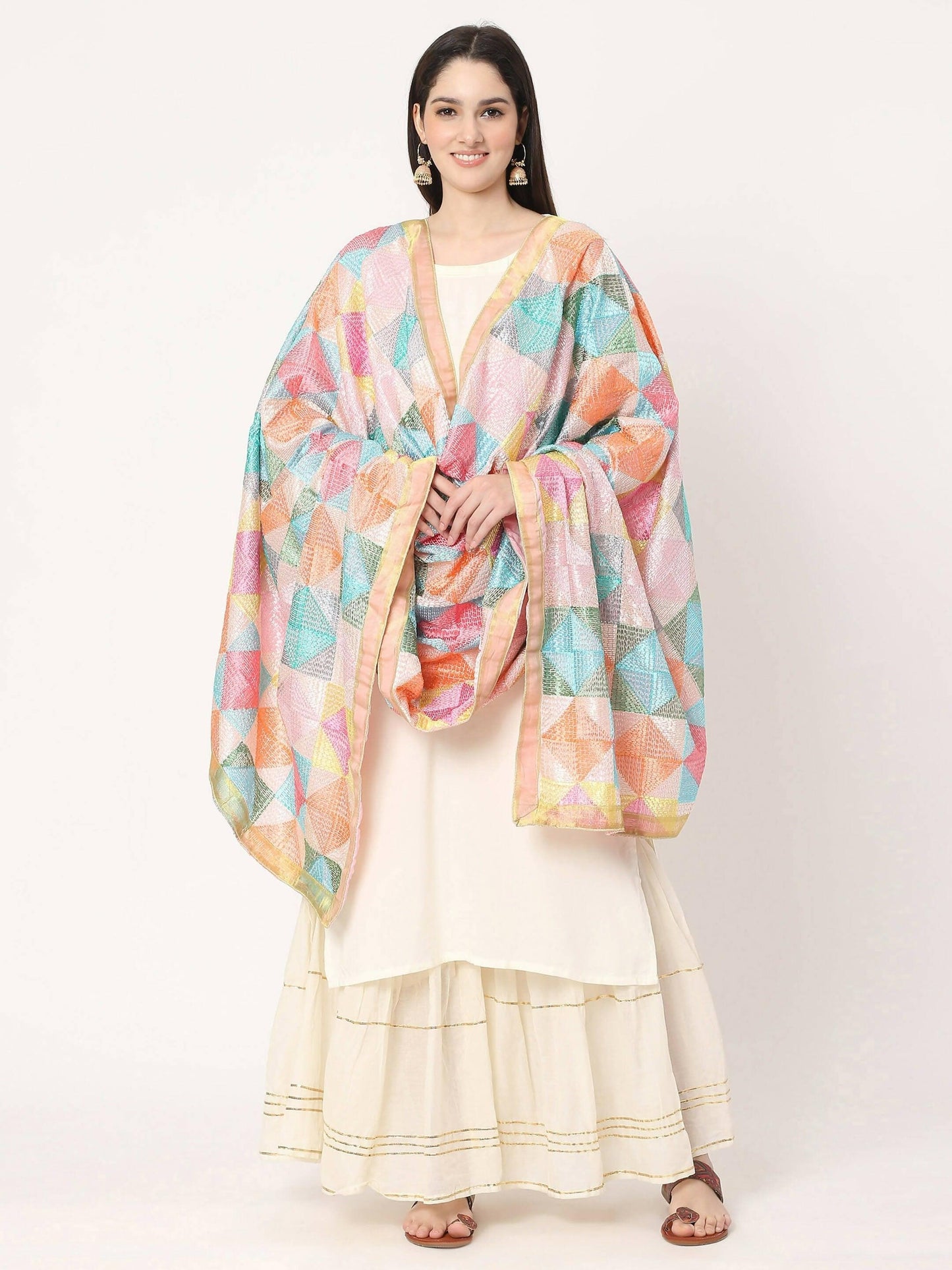 Phulkari Dupatta Pastel Colours with Golden Lace Taping - HalfPe