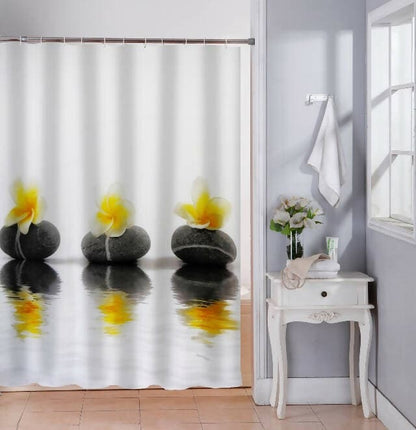 Lushomes shower curtain, Yellow Flower Printed, Polyester waterproof 6x6.5 ft with hooks, non-PVC, Non-Plastic, For Washroom, Balcony for Rain, 12 eyelet & 12 Hooks (6 ft W x 6.5 Ft H) - HalfPe