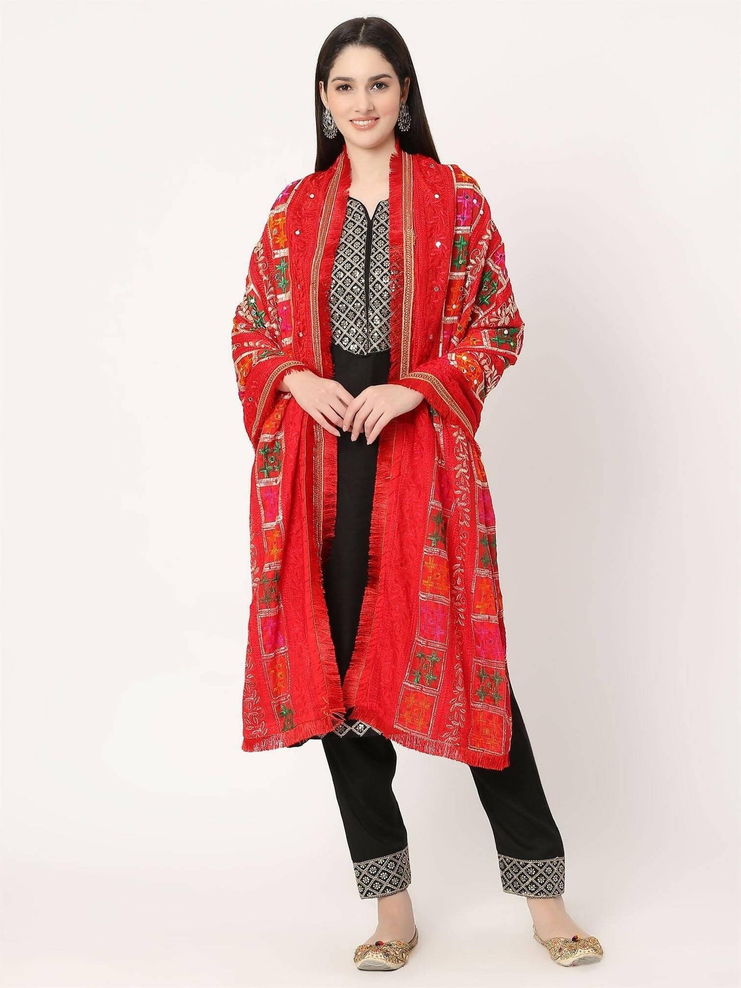 Red Multicolour Embroidery Mirror Work Phulkari Dupatta - HalfPe