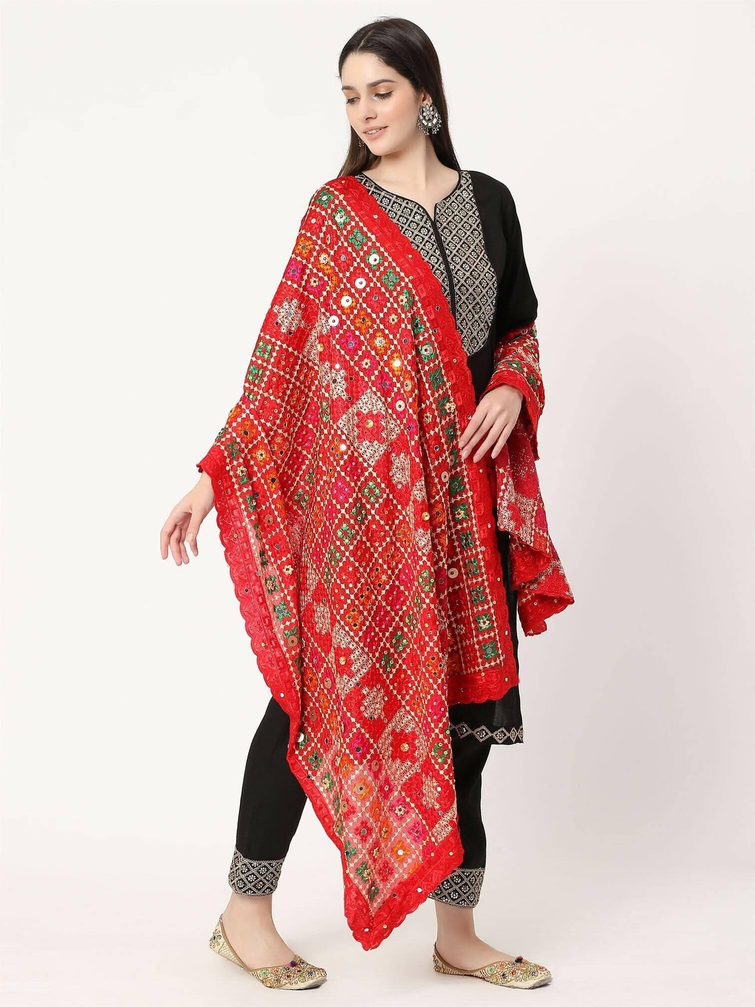 Multicolour Embroidery Phulkari Dupatta With Pearls (red) - HalfPe