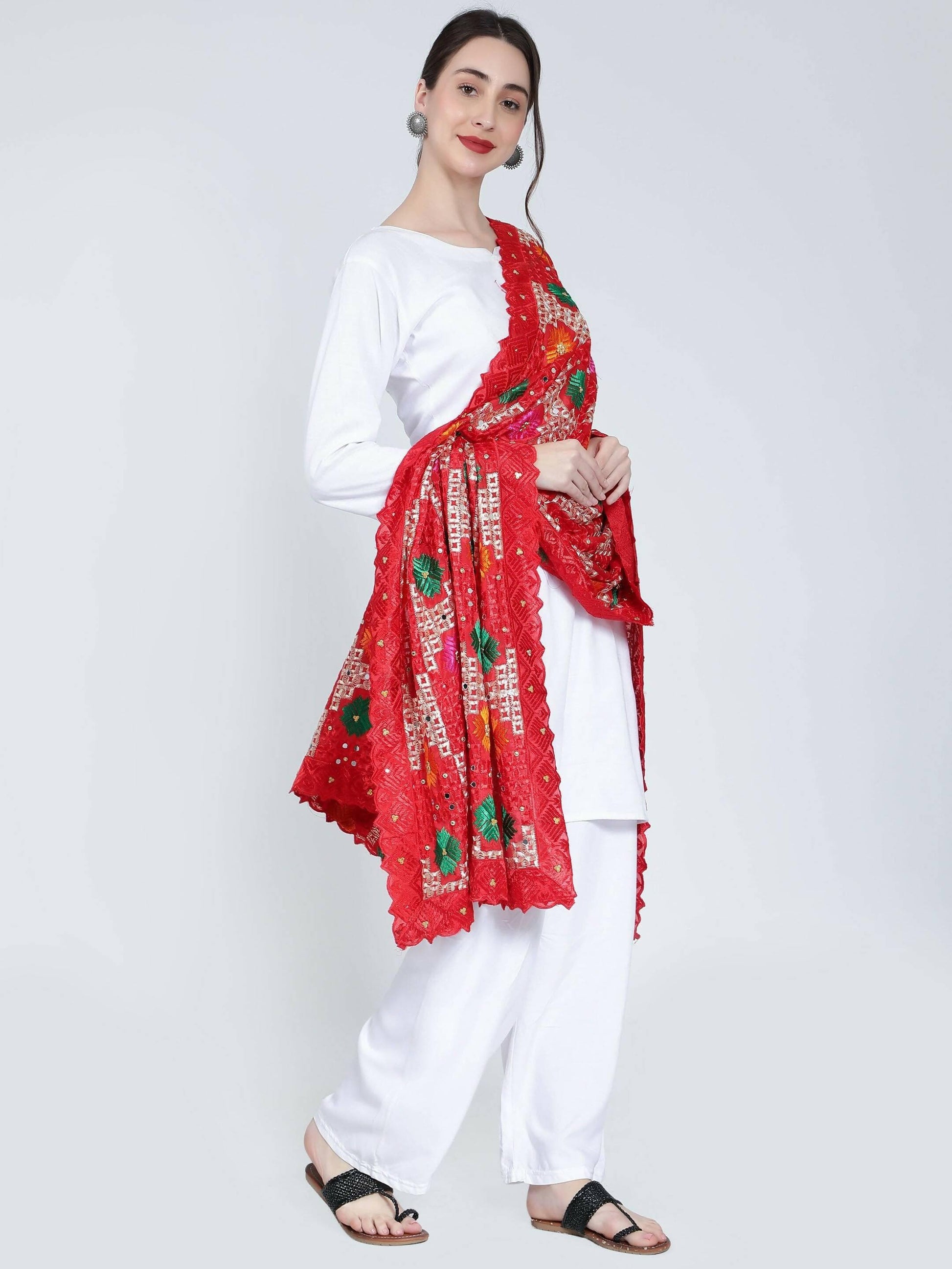 Phulkari dupatta with mirror work (red) - HalfPe