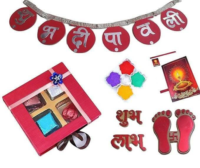 MANTOUSS Diwali gift combo chocolate+shubh deepawali toran+paduka+shubh labh+rangoli colour+greeting card - HalfPe