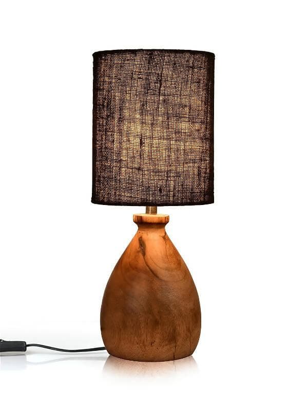 Wooden Dome Table Lamp With Jute Black Shade - HalfPe