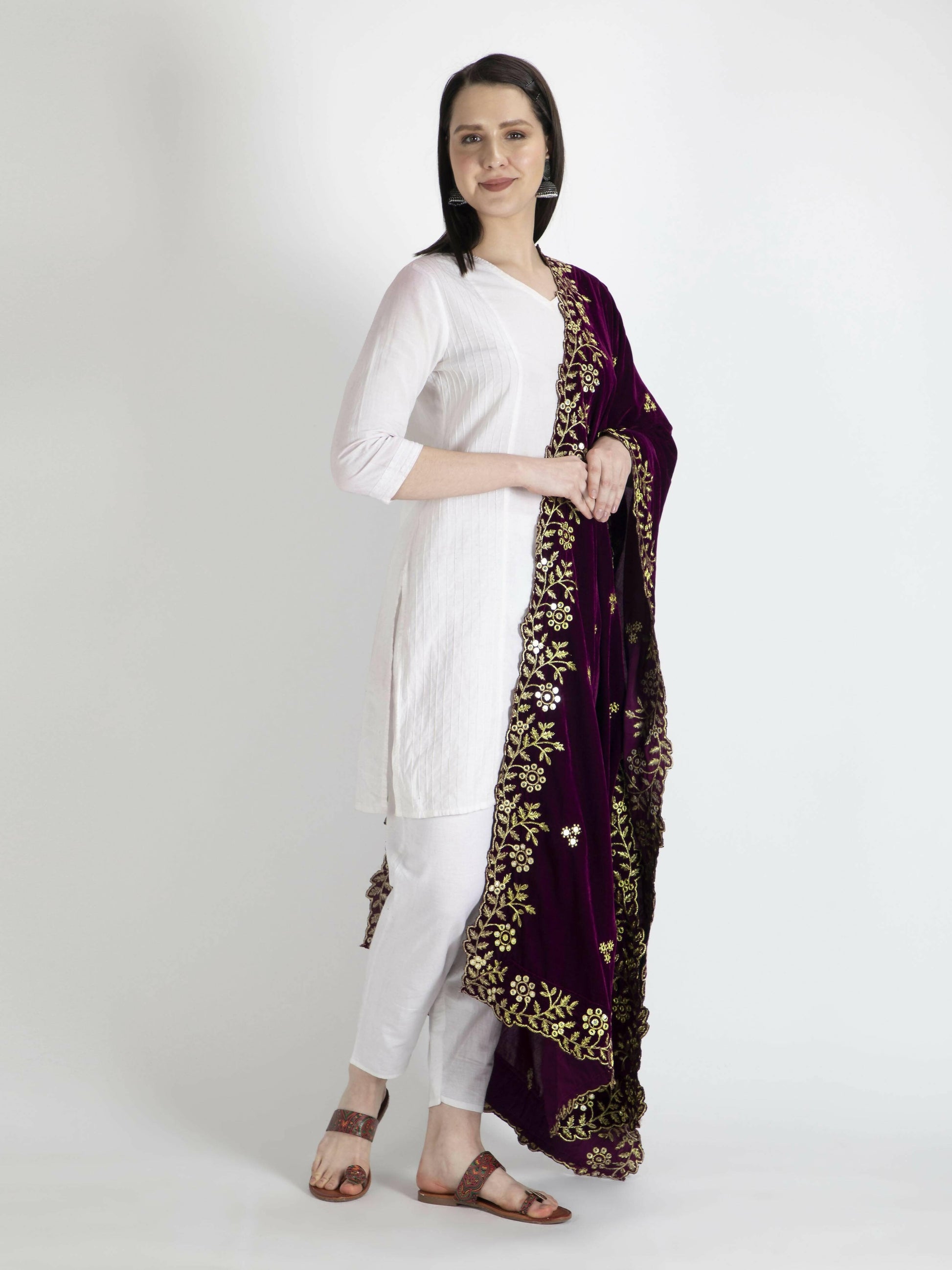 Brown Embroidered Velvet Shawl Dupatta For Women - HalfPe