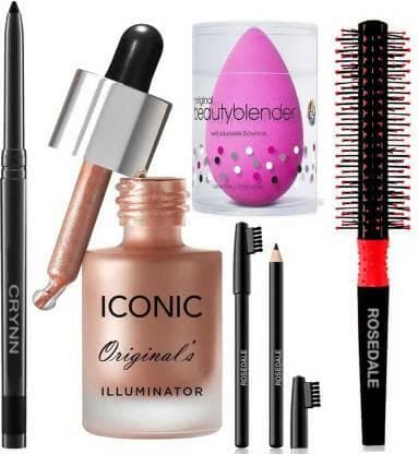 Crynn Rosedale Pro Kajal & Iconic Shine Illuminator Highlighter & Glazed Glam Black Eyebrow Pencil & Beauty Blender Sponge Puff (Pack of 5 Items) - HalfPe
