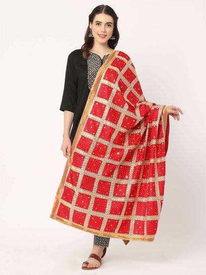 Red Embroidery Check Phulkari Dupatta with Mirror - HalfPe