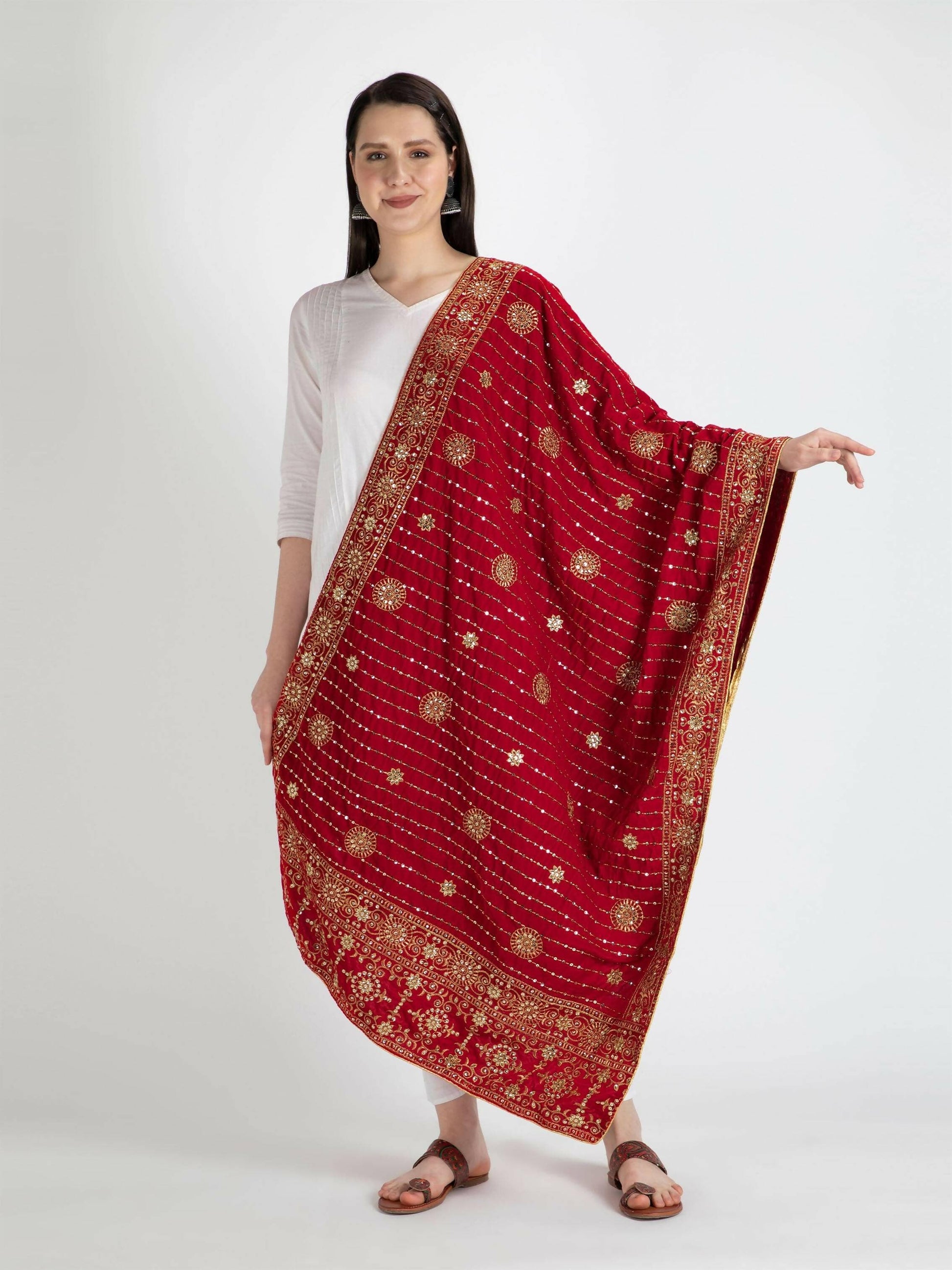 Embroidered Velvet Shawl Dupatta (Red) - HalfPe