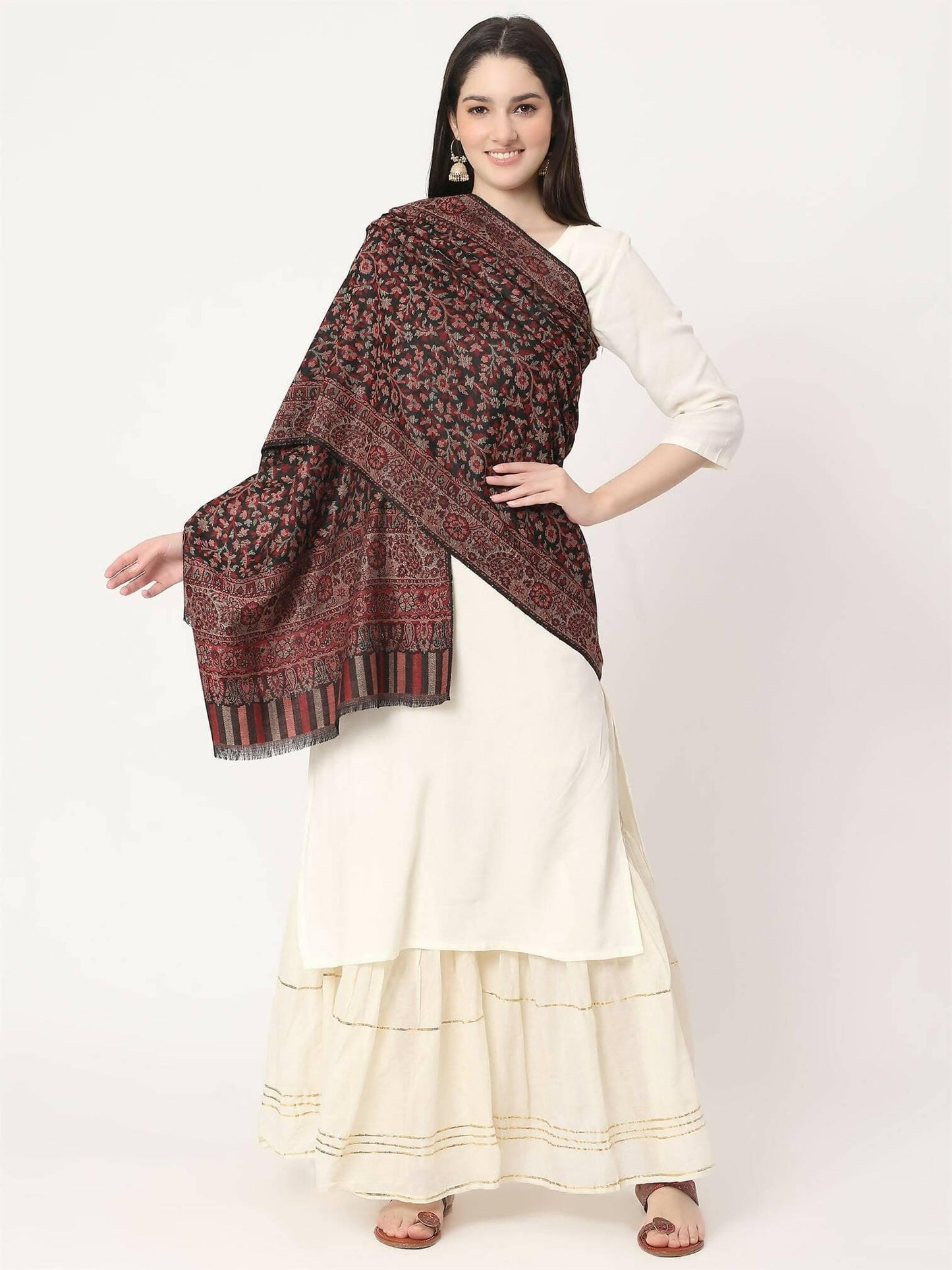 Black Pure Wool Kani Multiweave Shawl for women - HalfPe