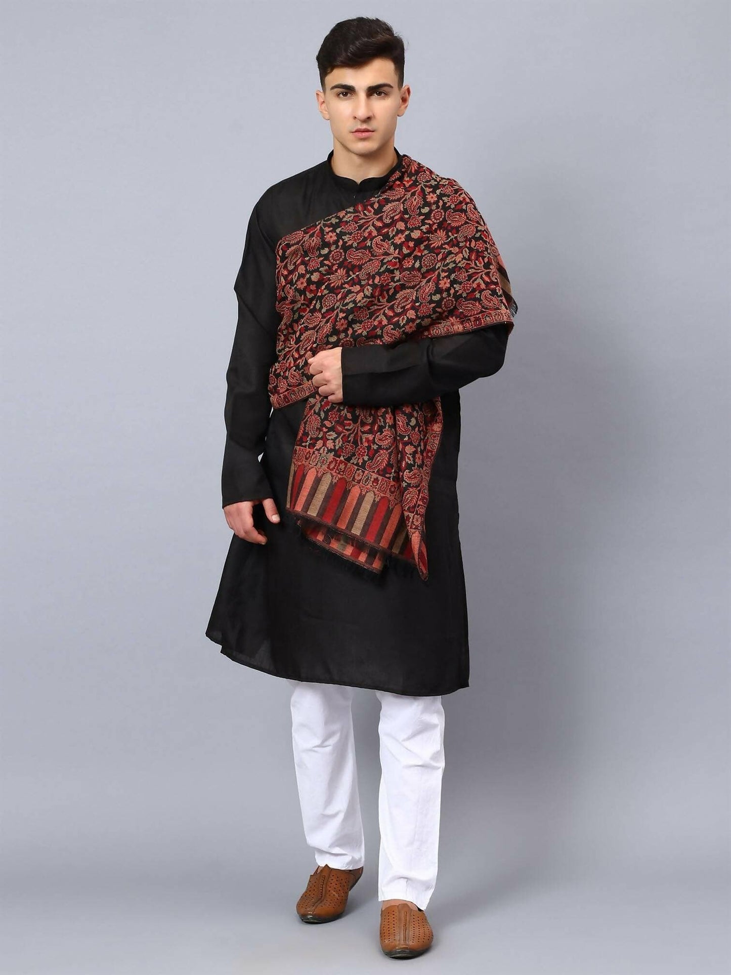 Black Pure Wool Kani Multiweave Shawl - HalfPe