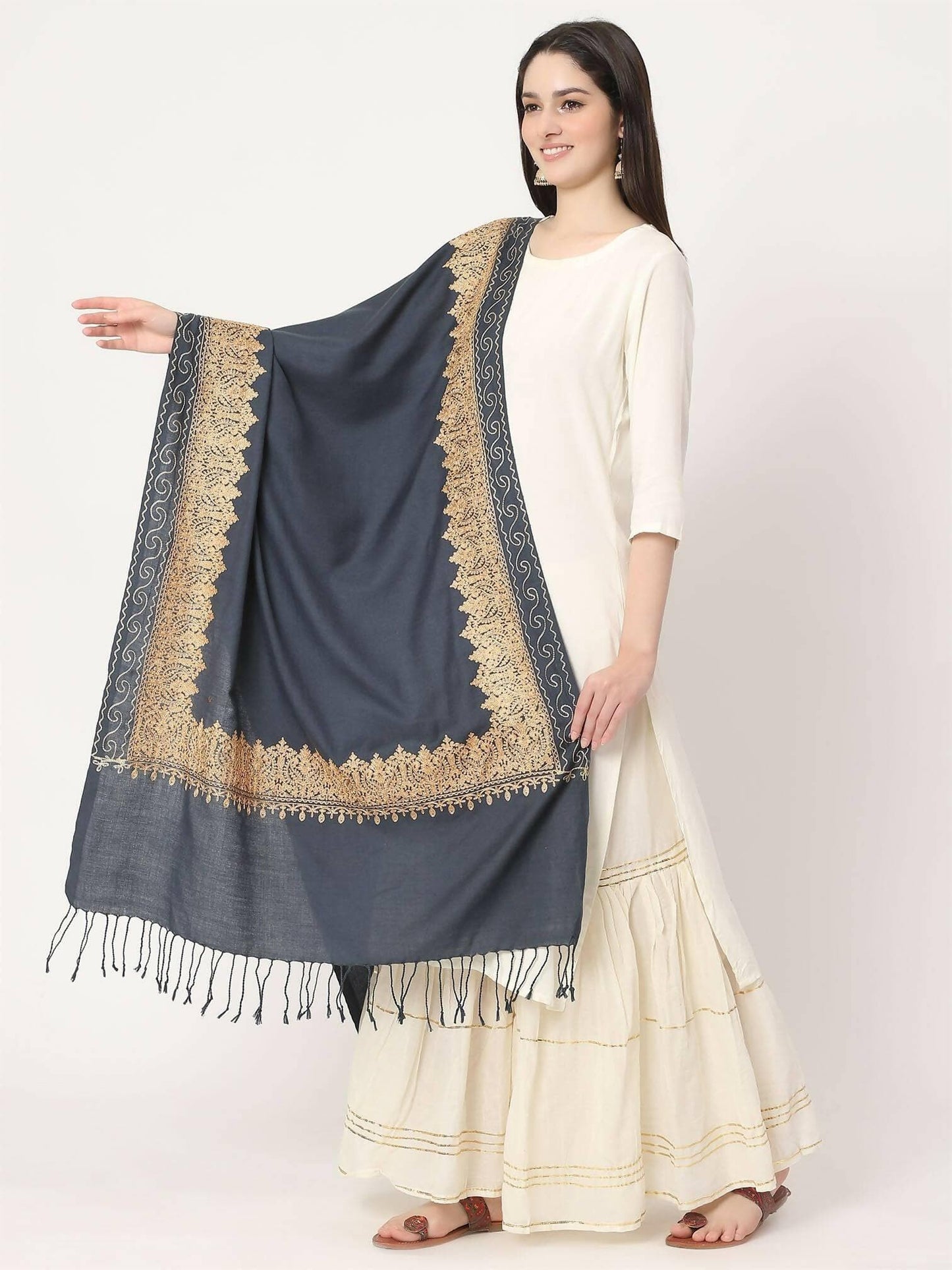 Grey Brown Embroidered Stole for women - HalfPe