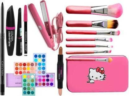 Crynn Beauty Bundle: Kajal, Straightener, 3in1 Liner, Mascara, Brow Pencil, Highlighter, Contour Stick, Eyeshadow Palette, Brushes (14 pcs) - HalfPe