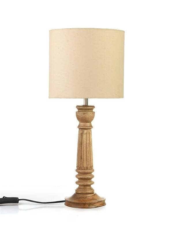 Green Girgit Pillar Brown Lamp With White Cotton Shade - HalfPe