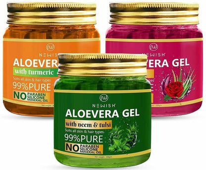 NEWISH Premium Rose Aloevera Gel, Turmeric Aloe Vera Face Gel And Neem Tulsi Facial Aloe Vera Gel Combo (Pack of 3 - 600 GM) - HalfPe