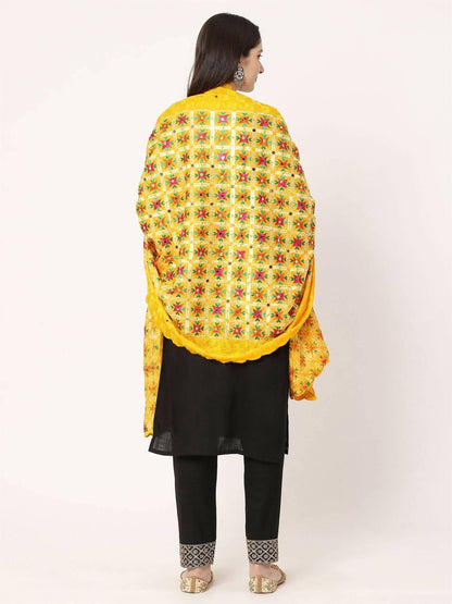 Yellow Multicolour Chiffon Phulkari Embroidery Dupatta - HalfPe