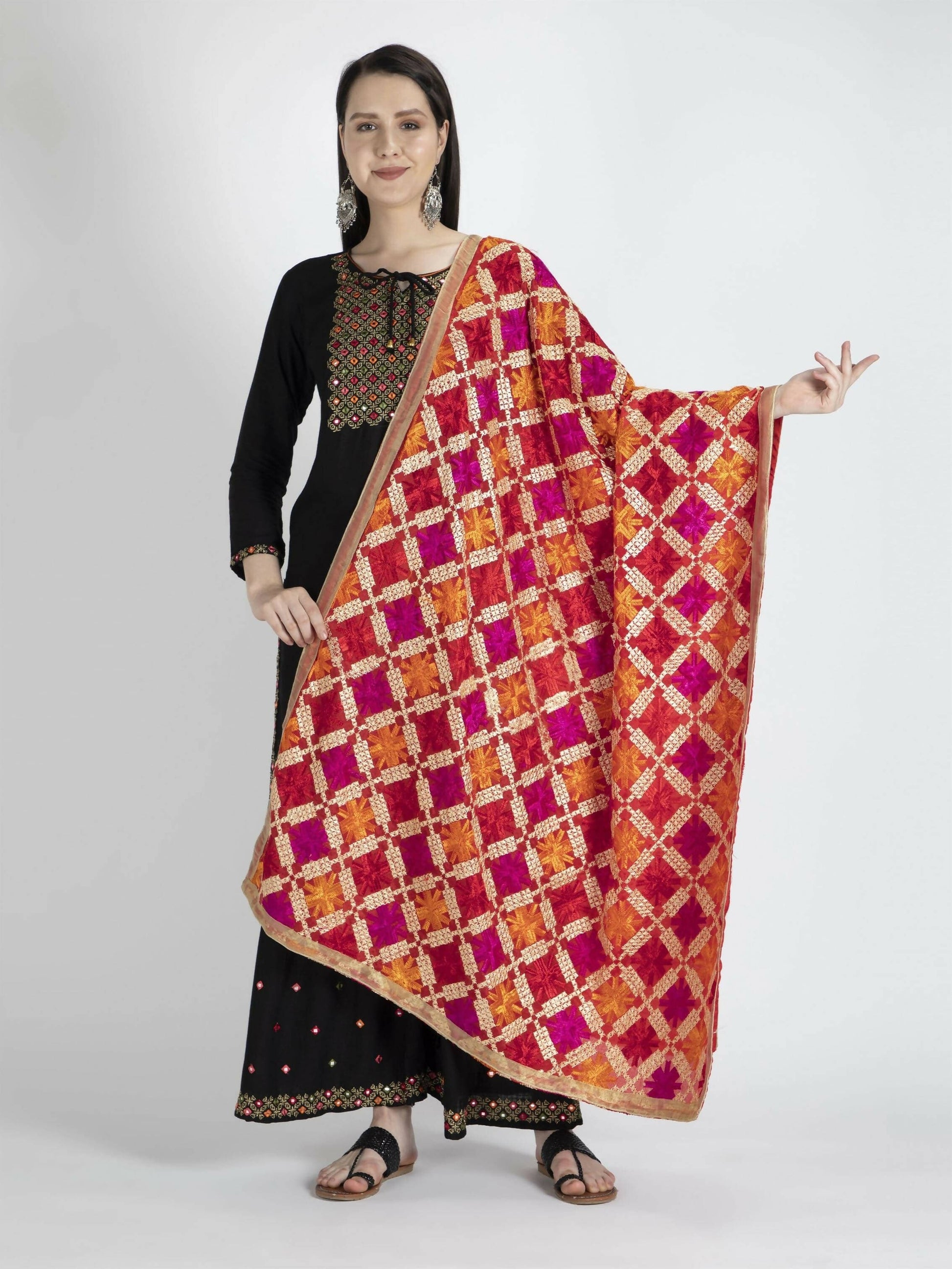 Phulkari with gold Lace dupatta (Multicolour) - HalfPe