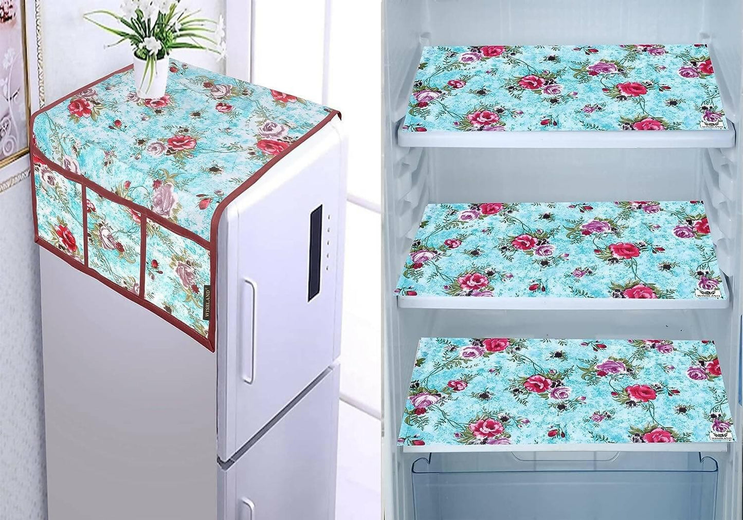 WISHLAND Double Door Fridge Cover Combo Set of 1 Fridge Cover and 3 Multipurpose Fridge Mats - HalfPe