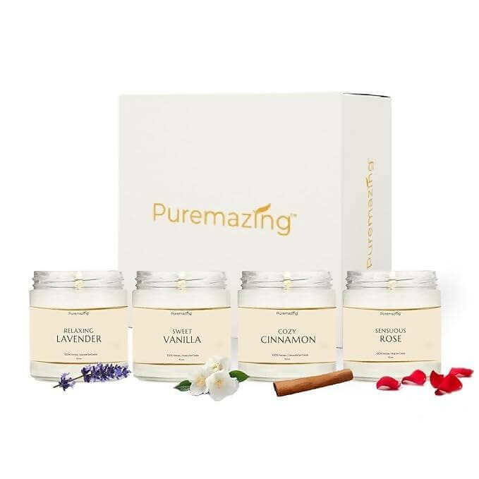 Puremazing Scented Soy Wax Candle Gift Set | 4 Pieces X 90 Grams | Lavender, Vanilla, Rose, Cinnamon Fragrances - HalfPe