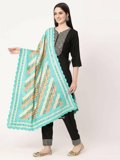 Green Embroidery Phulkari Dupatta with Golden Beads and Mirror - HalfPe