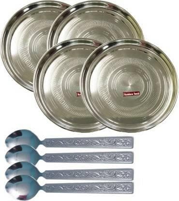 SHINI LIFESTYLE Steel Plate, Heavy gauge, laser design, 30cm Dinner Plate 4pcs with Spoon Set Dinner Plate (Pack of 8) - HalfPe