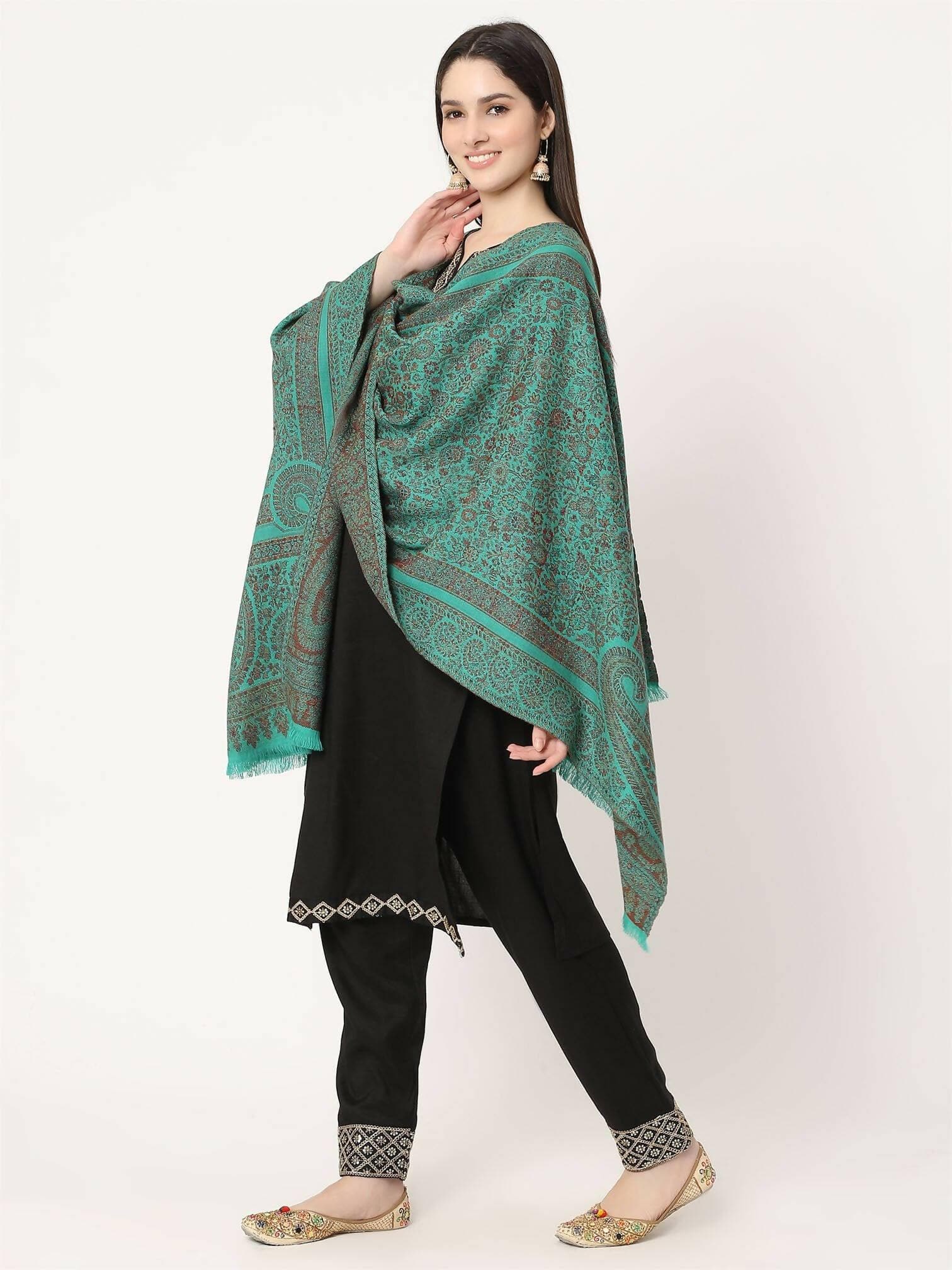 Turquoise Green and Brown Paisley Wool Stole for women - HalfPe