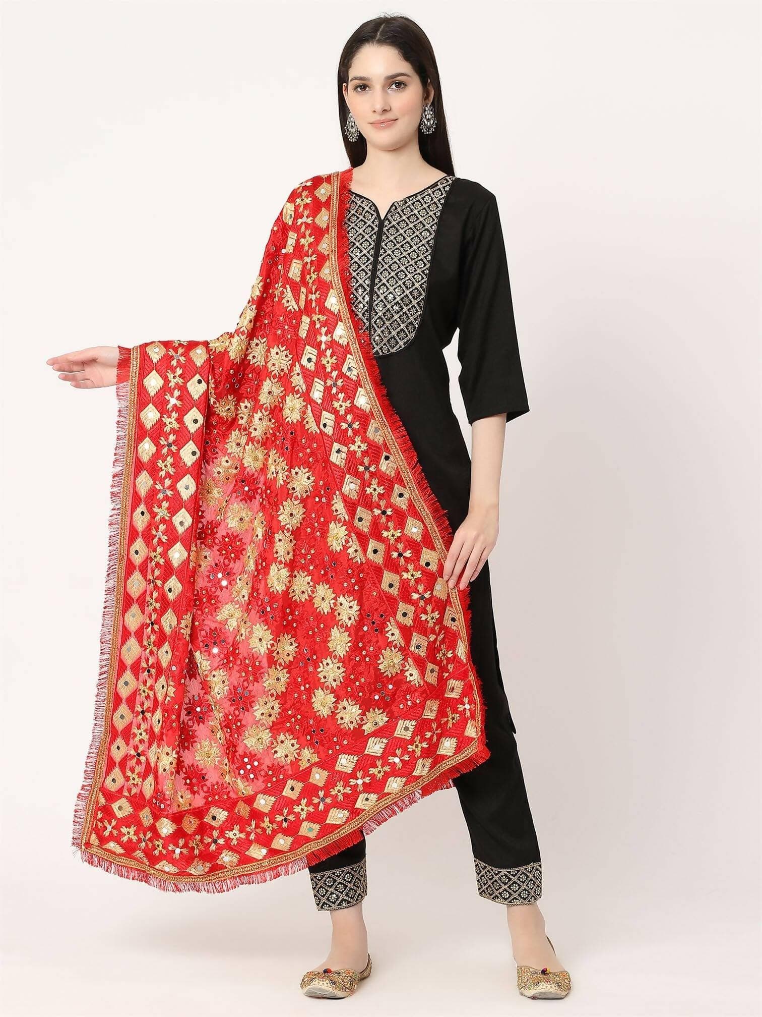 Red and Golden Embroidery Phulkari Dupatta - HalfPe