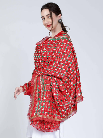 Phulkari Dupatta with Beads (Red and Green) - HalfPe