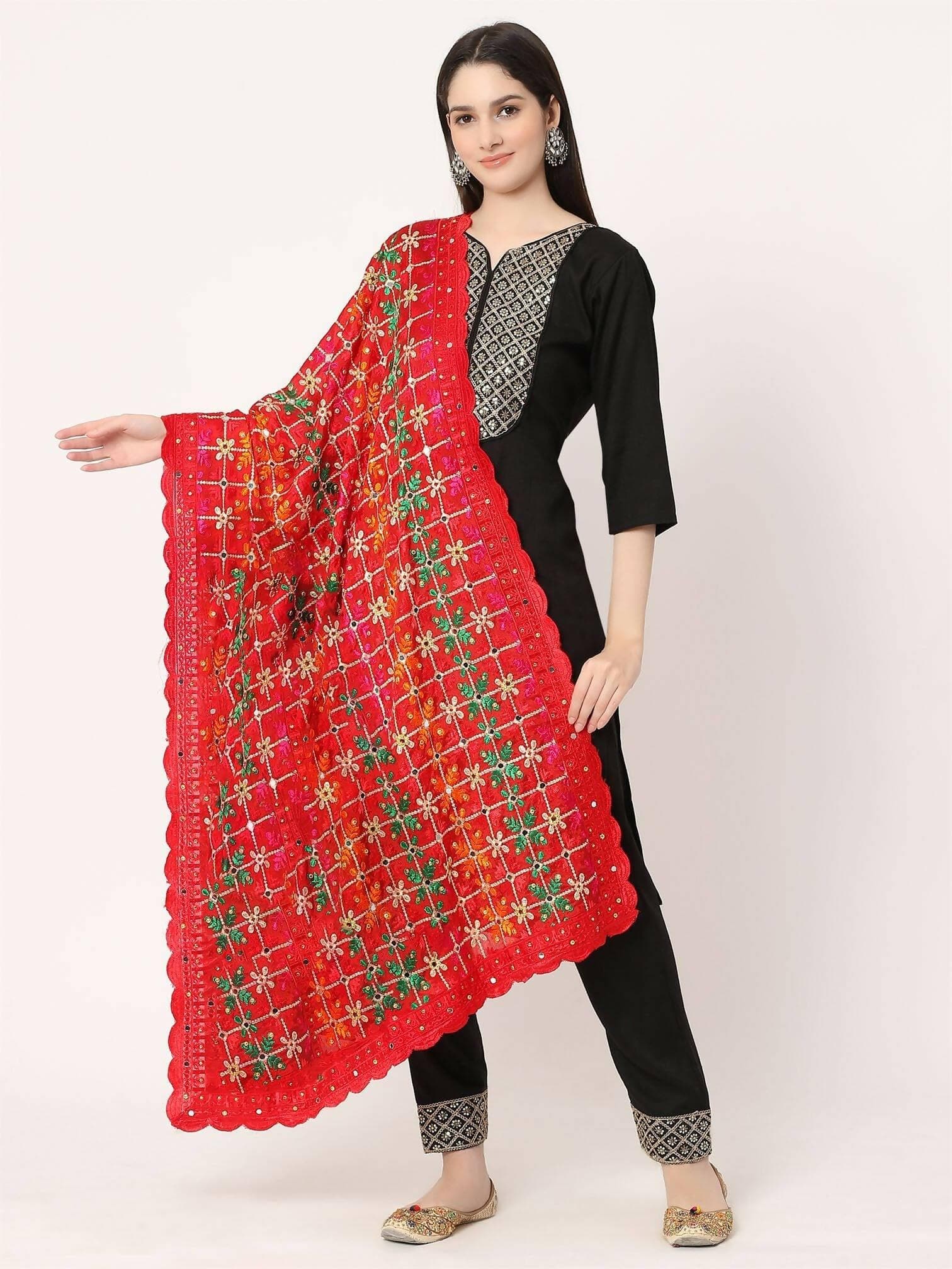 Red Multicolour Floral Design Embroidery Phulkari Dupatta with Mirror - HalfPe