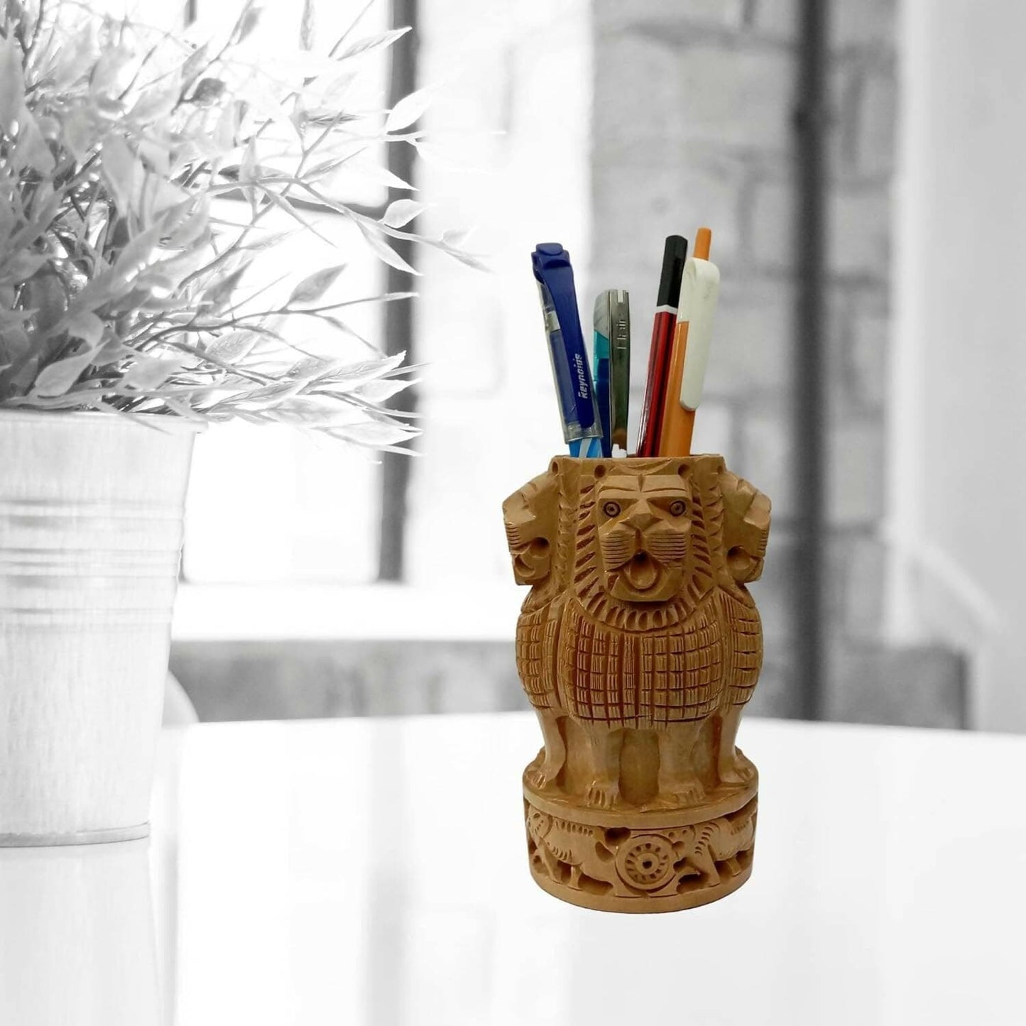 Santarms Wood Handmade Ashoka Pillar Pen Stand (5 Inches) - HalfPe