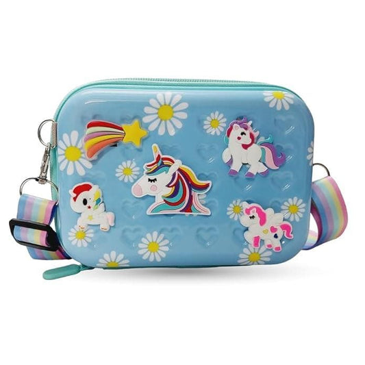 Unicorn Cartoon character waterproof hardcase zipper shoulder bag sling crossbody messenger bag | Stylist Cosmetic Bag | Girls Box Sling Bag | Trendy Suitcase Type Bag For Girls | Kids Sling Bag (Blue Colour) - halfpeapp