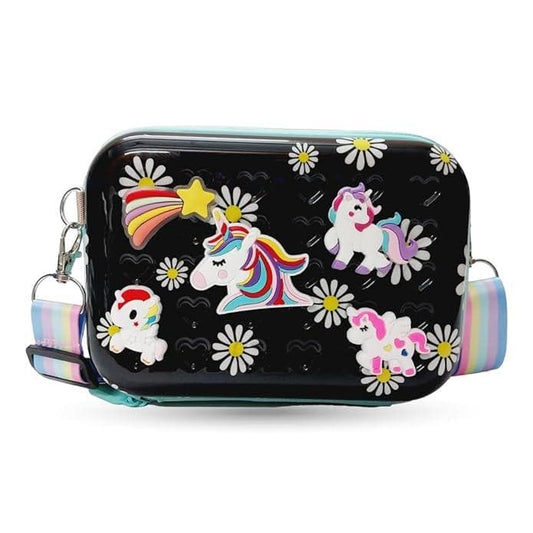 Unicorn Cartoon character waterproof hardcase zipper shoulder bag sling crossbody messenger bag | Stylist Cosmetic Bag | Girls Box Sling Bag | Trendy Suitcase Type Bag For Girls | Kids Sling Bag (Black Colour) - halfpeapp