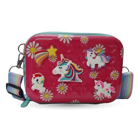 Unicorn Cartoon character waterproof hardcase zipper shoulder bag sling crossbody messenger bag | Stylist Cosmetic Bag | Girls Box Sling Bag | Trendy Suitcase Type Bag For Girls | Kids Sling Bag ( Dark Pink colour) - halfpeapp