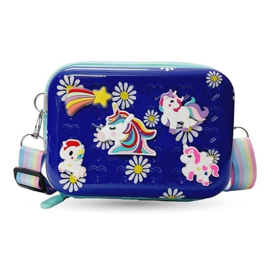 Unicorn Cartoon character waterproof hardcase zipper shoulder bag sling crossbody messenger bag | Stylist Cosmetic Bag | Girls Box Sling Bag | Trendy Suitcase Type Bag For Girls | Kids Sling Bag ( Dark Blue colour) - halfpeapp