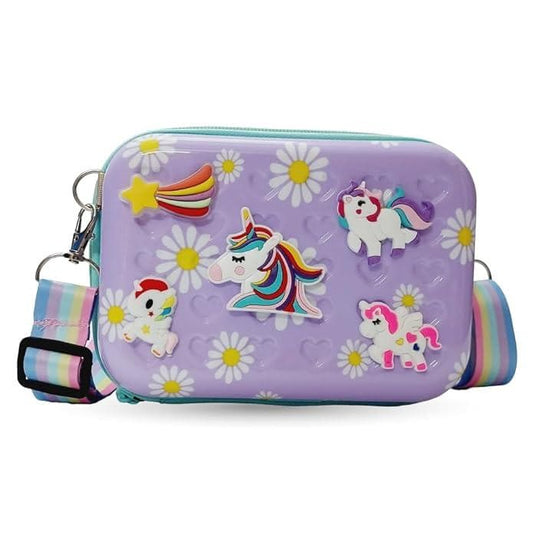 Unicorn Cartoon character waterproof hardcase zipper shoulder bag sling crossbody messenger bag | Stylist Cosmetic Bag | Girls Box Sling Bag | Trendy Suitcase Type Bag For Girls | Kids Sling Bag (Purple colour) - halfpeapp