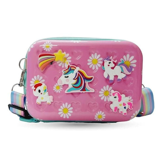 Unicorn Cartoon character waterproof hardcase zipper shoulder bag sling crossbody messenger bag | Stylist Cosmetic Bag | Girls Box Sling Bag | Trendy Suitcase Type Bag For Girls | Kids Sling Bag (Pink colour) - halfpeapp