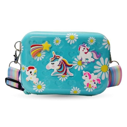 Unicorn Cartoon character waterproof hardcase zipper shoulder bag sling crossbody messenger bag | Stylist Cosmetic Bag | Girls Box Sling Bag | Trendy Suitcase Type Bag For Girls | Kids Sling Bag ( Sea-green colour) - halfpeapp