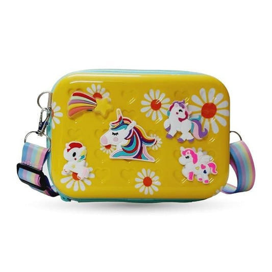 Unicorn Cartoon character waterproof hardcase zipper shoulder bag sling crossbody messenger bag | Stylist Cosmetic Bag | Girls Box Sling Bag | Trendy Suitcase Type Bag For Girls | Kids Sling Bag ( Yellow colour) - halfpeapp