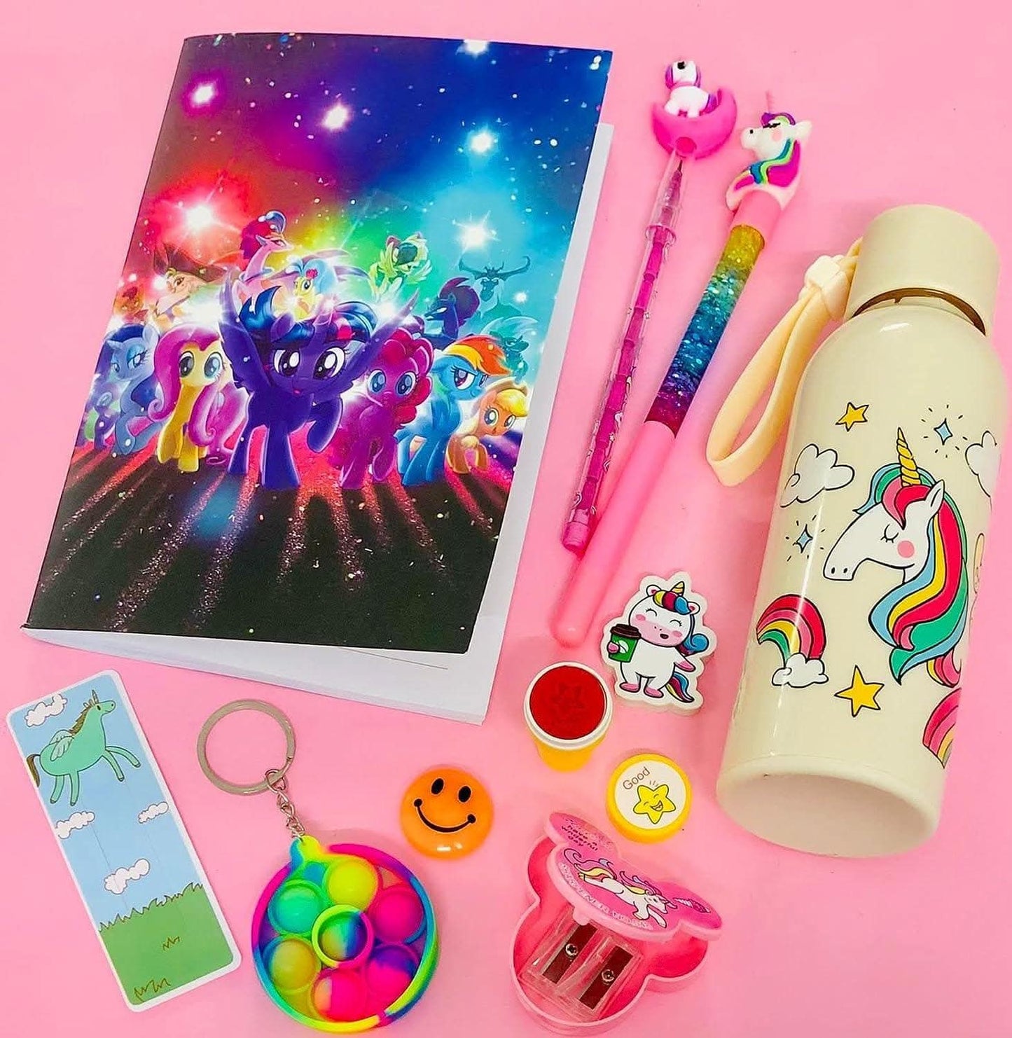Unicorn diary , water bottle , glitter pen , pencil , 3d eraser , sharpener , stamp , magnet , bookmark , keychain - halfpeapp