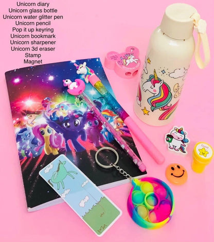 Unicorn diary , water bottle , glitter pen , pencil , 3d eraser , sharpener , stamp , magnet , bookmark , keychain - halfpeapp