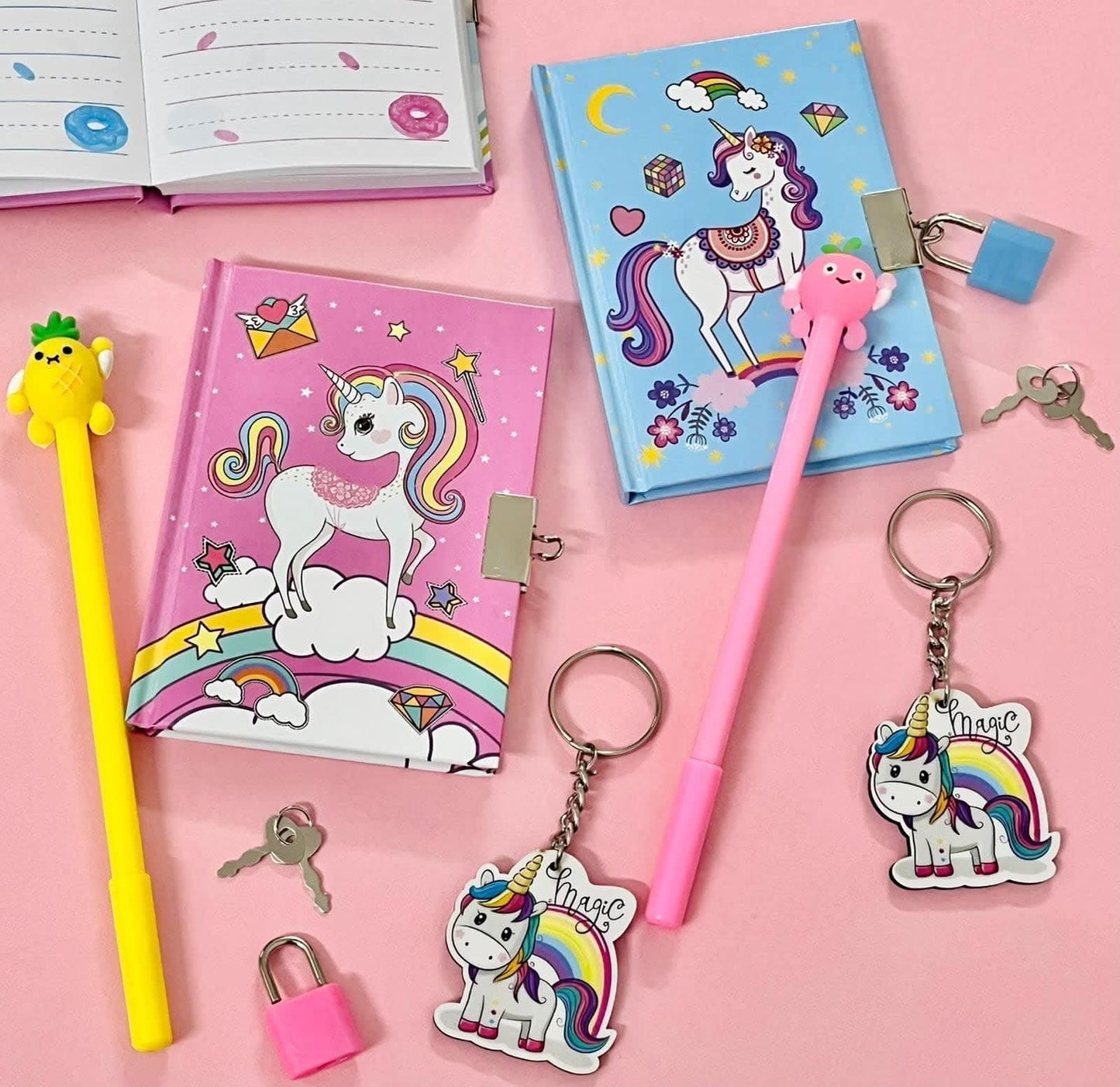 Unicorn fur 2 piece lock diary, 2 gel pen, 2 key chain - halfpeapp
