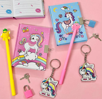 Unicorn fur 2 piece lock diary, 2 gel pen, 2 key chain - halfpeapp