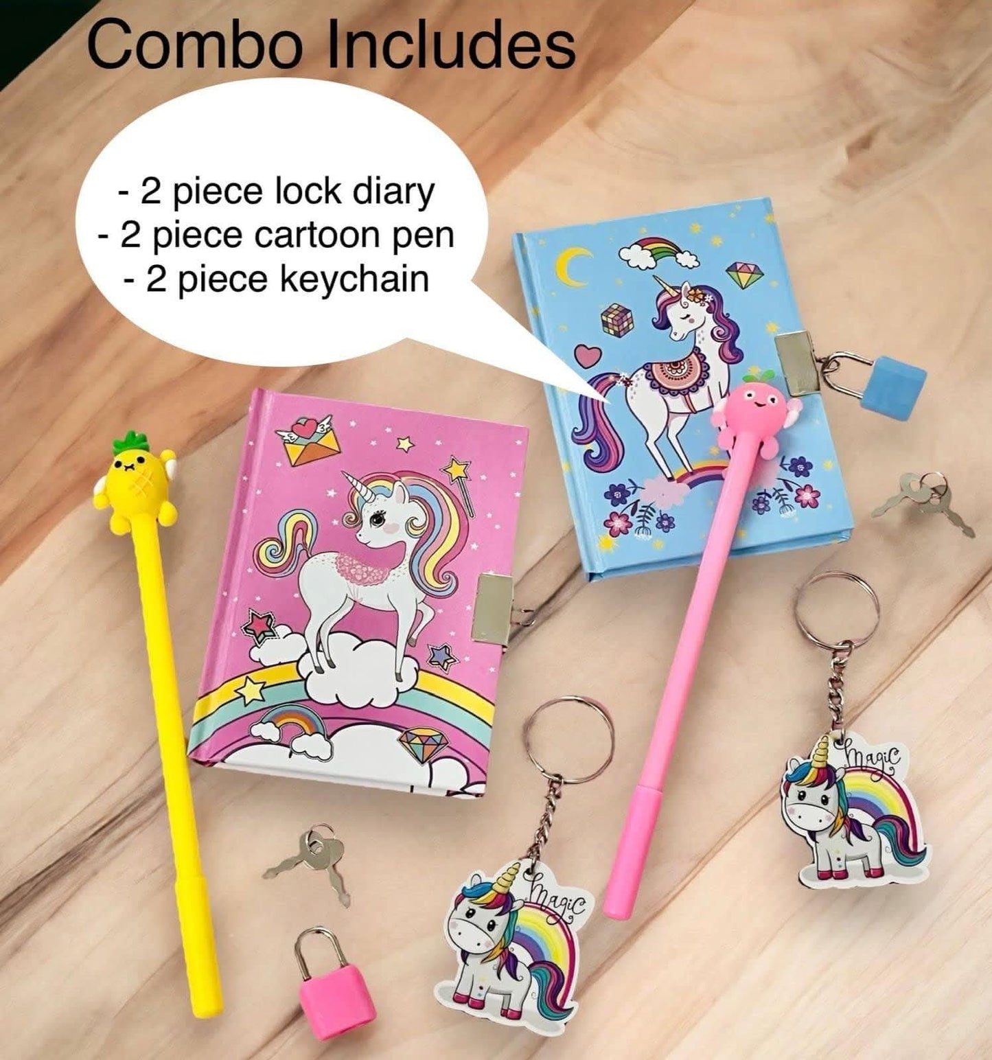 Unicorn fur 2 piece lock diary, 2 gel pen, 2 key chain - halfpeapp