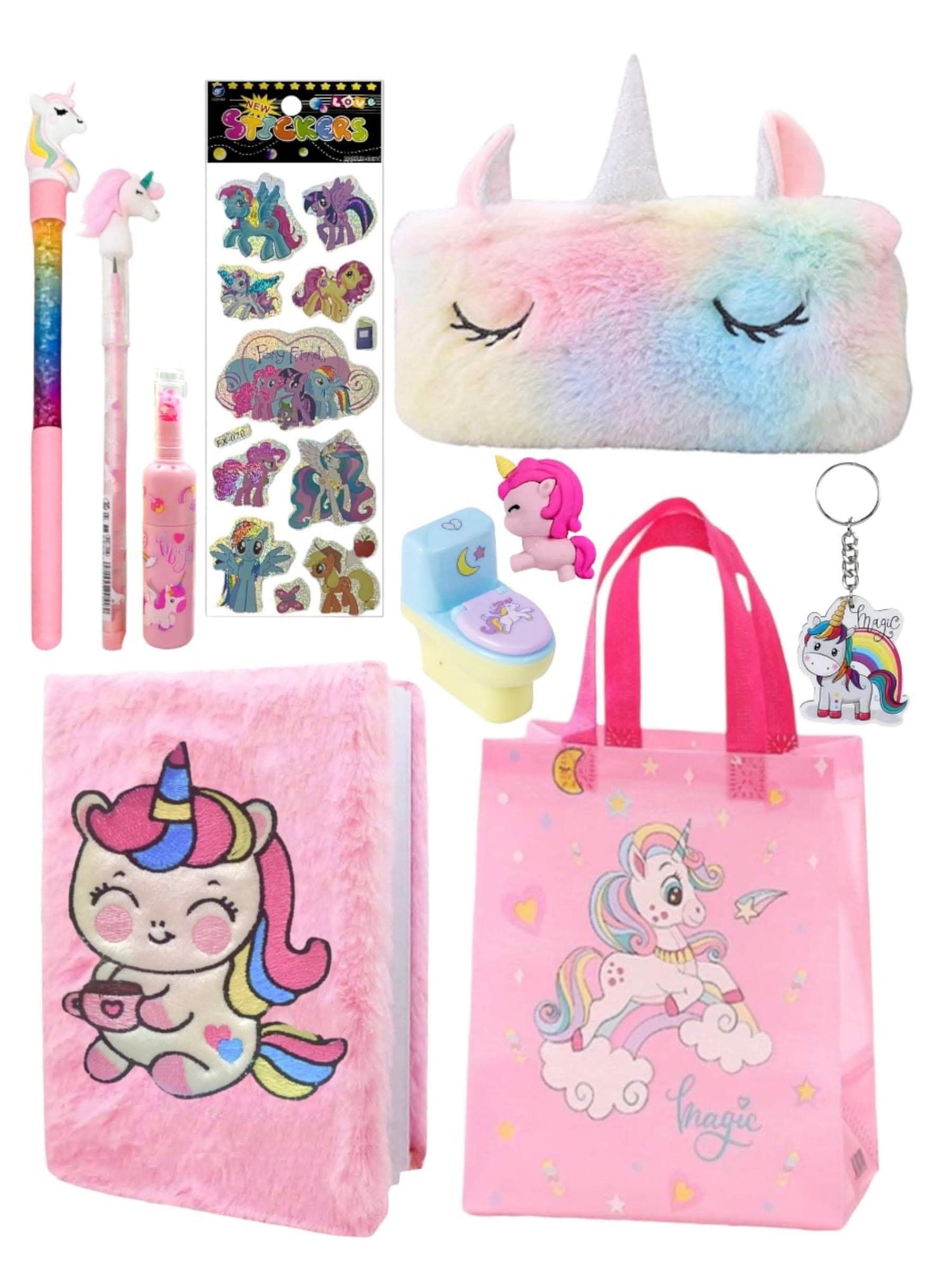 Unicorn fur diary , pencil box , pen , pencil , eraser (pack of 5) - halfpeapp
