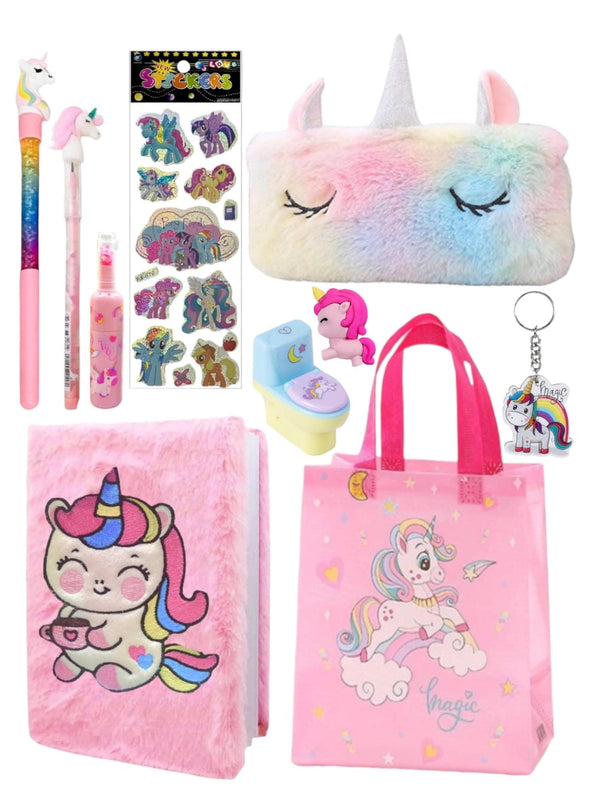 Unicorn fur diary , pencil box , pen , pencil , eraser (pack of 5) - halfpeapp